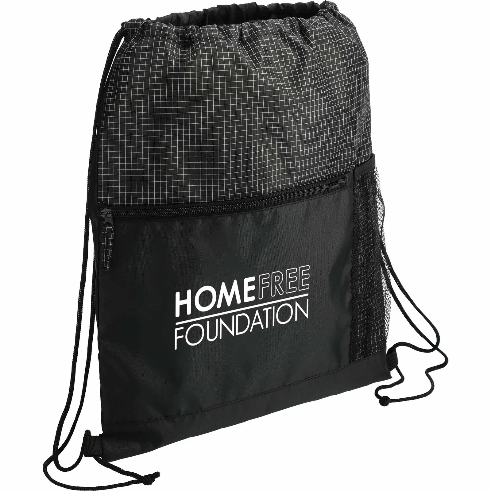Grid Drawstring Bag with Zippered Front Pocket — view 15