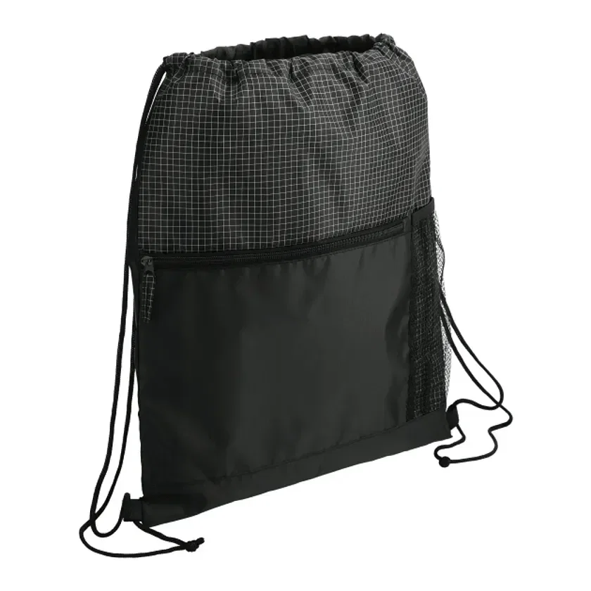 Grid Drawstring Bag with Zippered Front Pocket — view 4