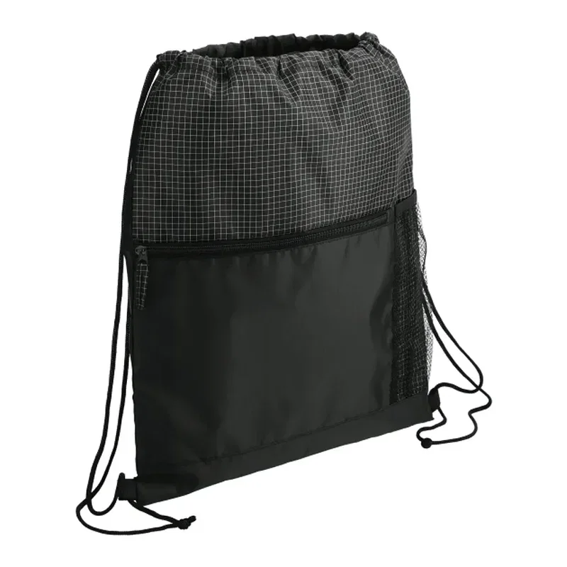 Grid Drawstring Bag with Zippered Front Pocket — view 4