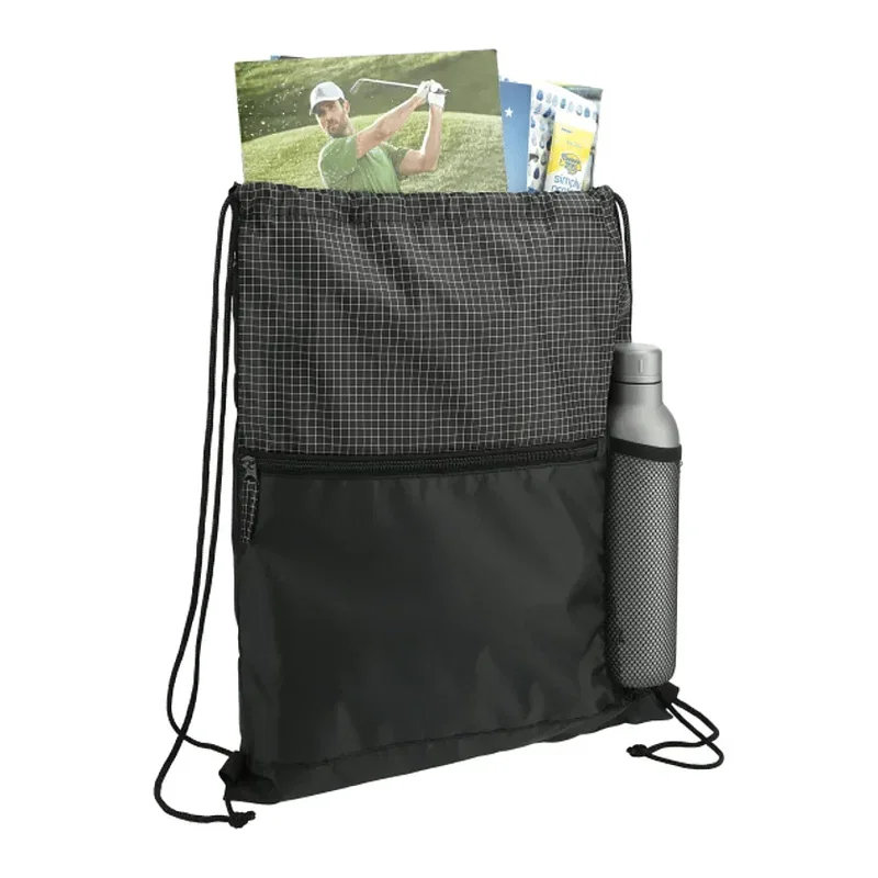 Grid Drawstring Bag with Zippered Front Pocket — view 5