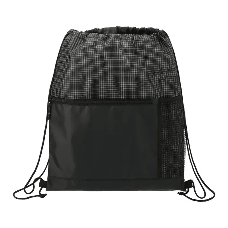 Grid Drawstring Bag with Zippered Front Pocket — view 6