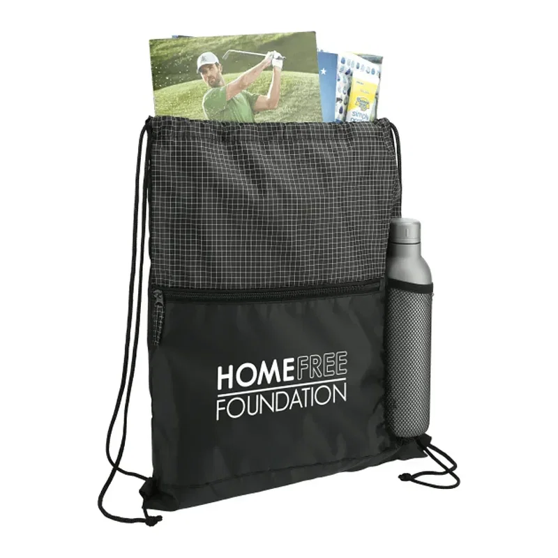 Grid Drawstring Bag with Zippered Front Pocket — view 8