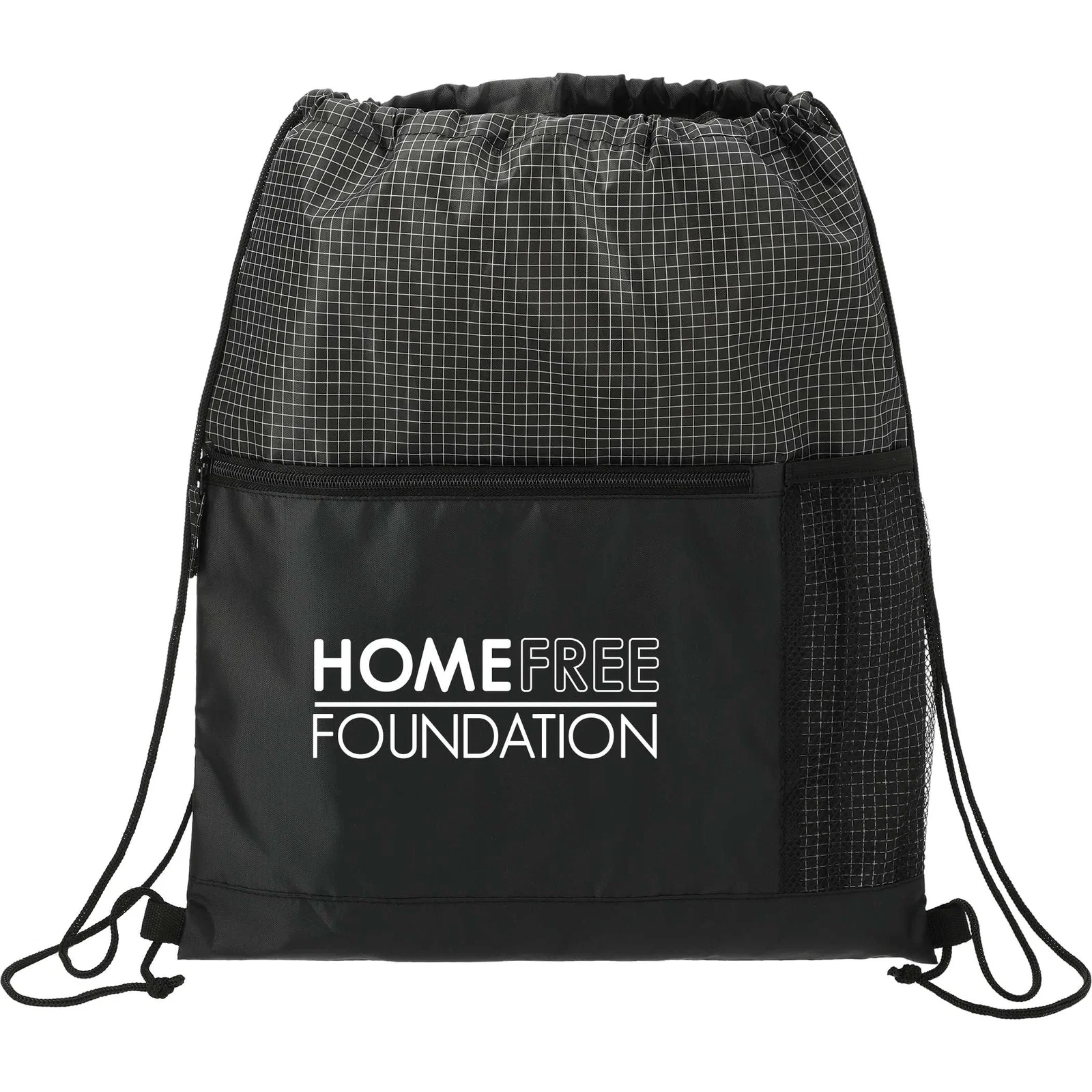 Grid Drawstring Bag with Zippered Front Pocket — view 9