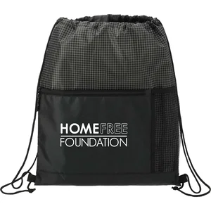 Grid Drawstring Bag with Zippered Front Pocket