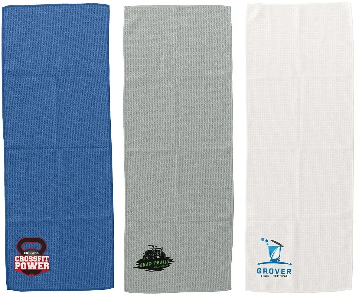 Gridiron waffle sports towel, custom branded 350GSM microfiber gym towel, front hero view with logo