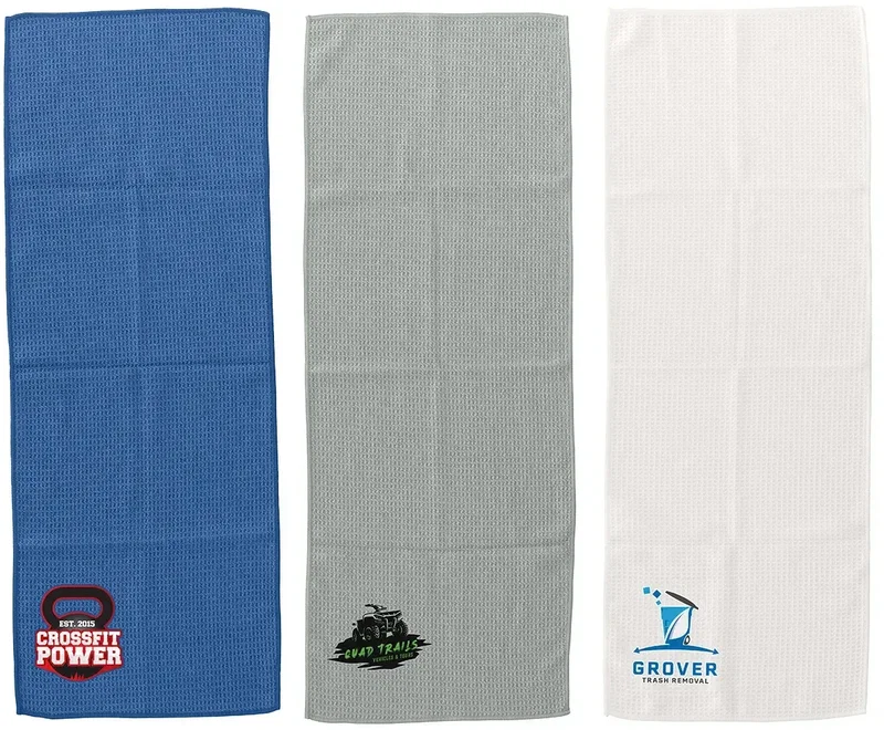 Gridiron waffle sports towel, custom branded 350GSM microfiber gym towel, front hero view with logo