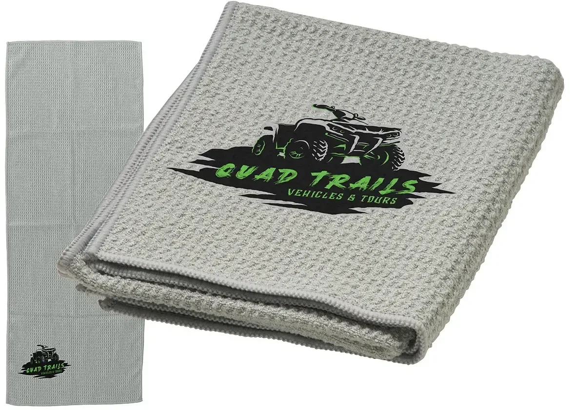 Promotional Gridiron waffle sports towel showing textured microfiber weave, close-up detail