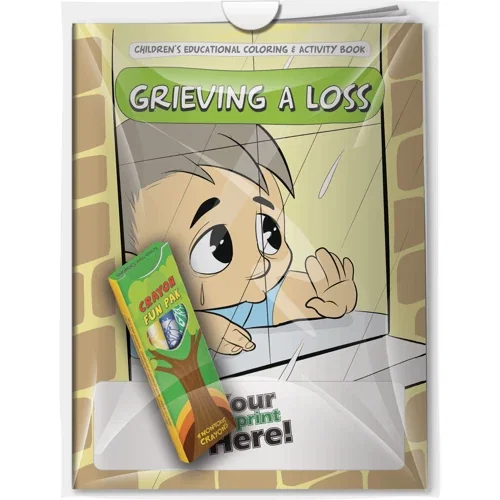 Grieving a Loss coloring book with imprinted 4-pack crayons combo, poly-bag kitted