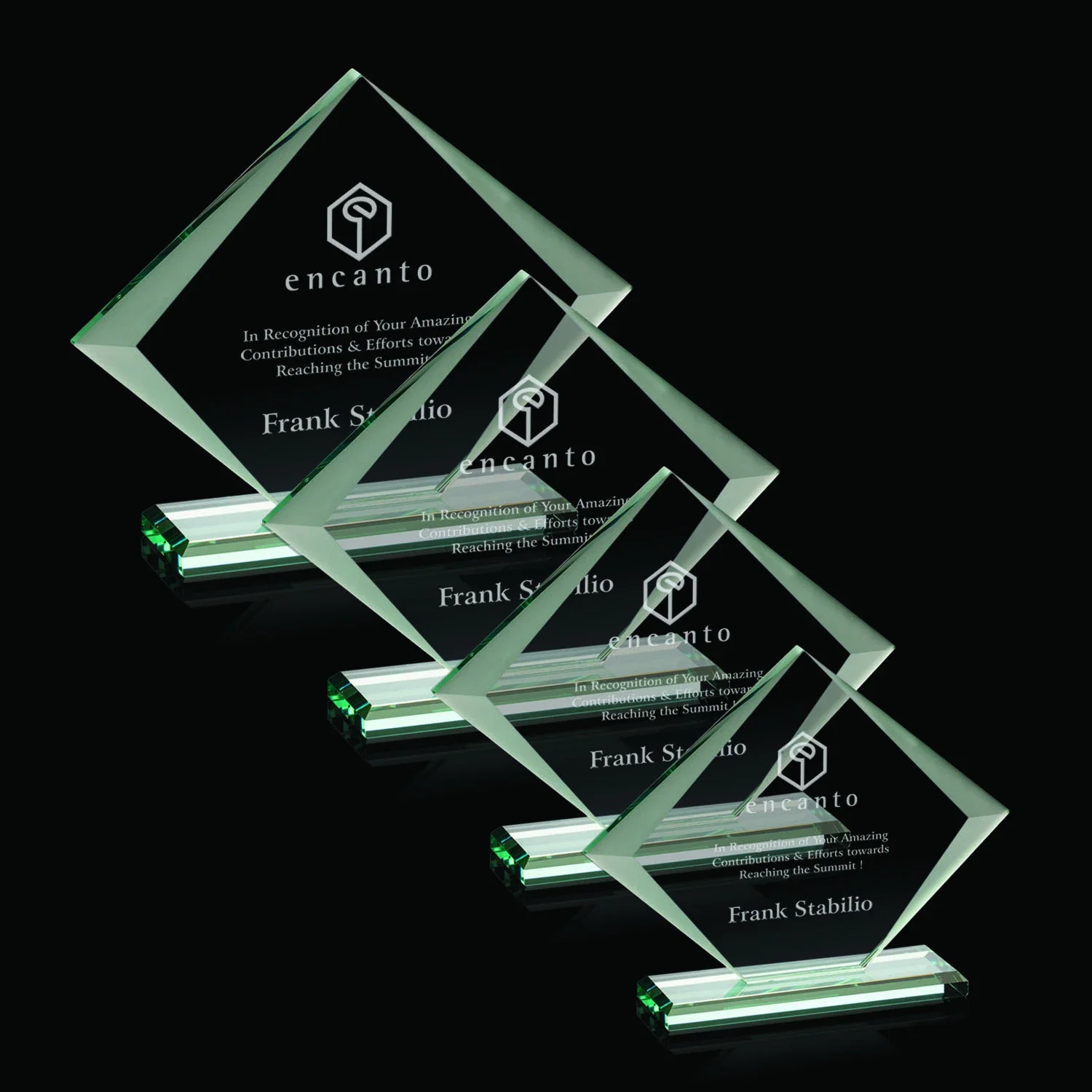 Custom Jade Glass Diamond Award With Bevels Tapered Top and Bottom for employee recognition