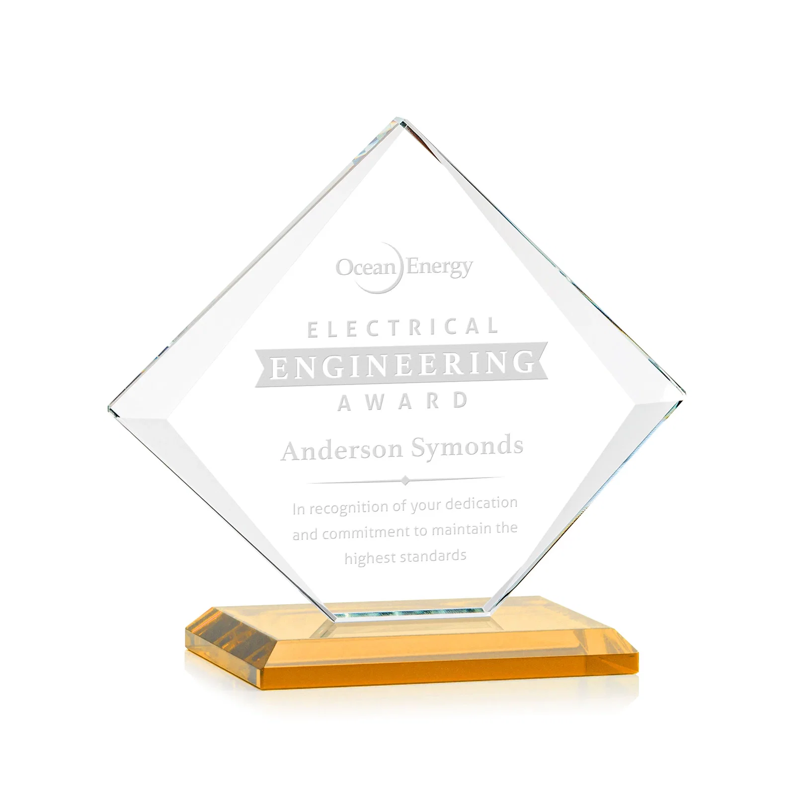 Custom Jade Glass Diamond Award With Bevels Tapered Top and Bottom for safety achievement programs