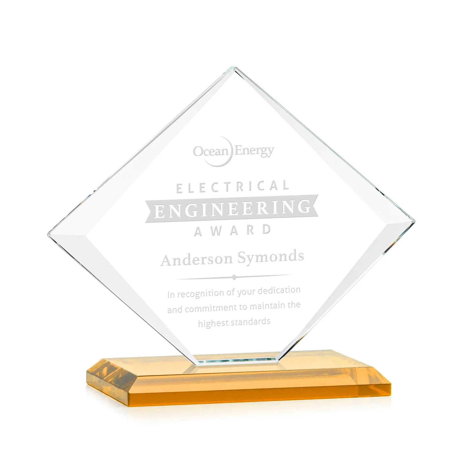 Custom Jade Glass Diamond Award With Bevels Tapered Top and Bottom for volunteer appreciation