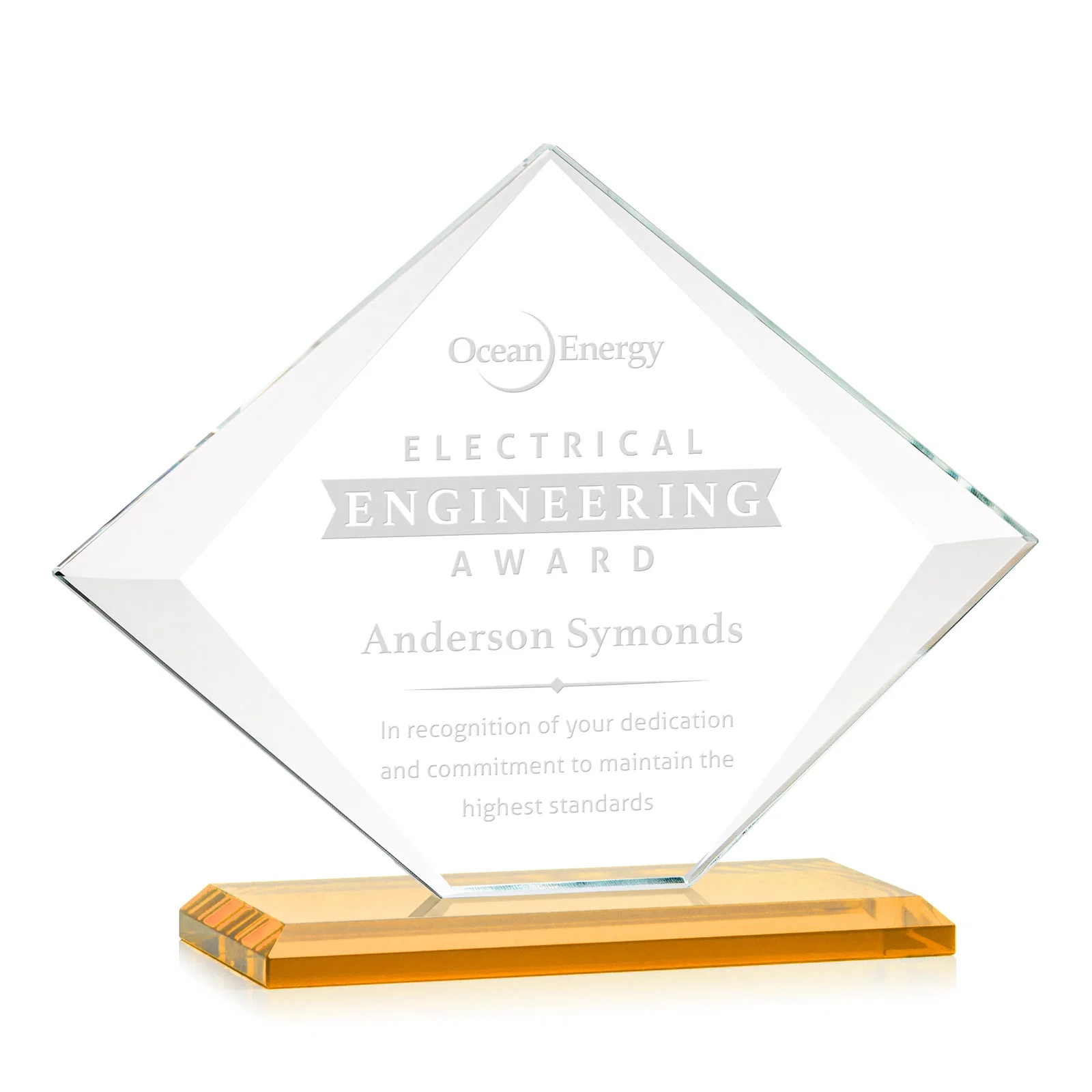 Custom Jade Glass Diamond Award With Bevels Tapered Top and Bottom for company anniversary events