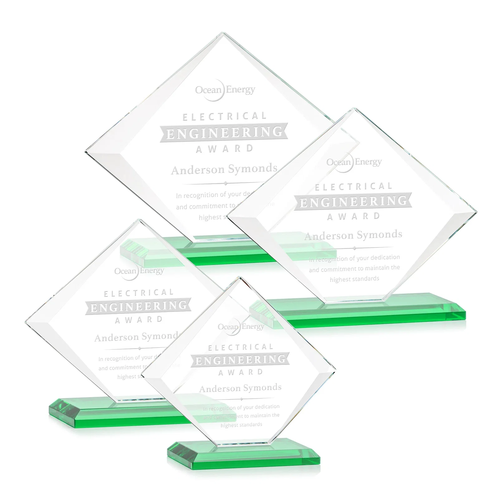 Personalized Jade Glass Diamond Award With Bevels Tapered Top and Bottom for employee recognition