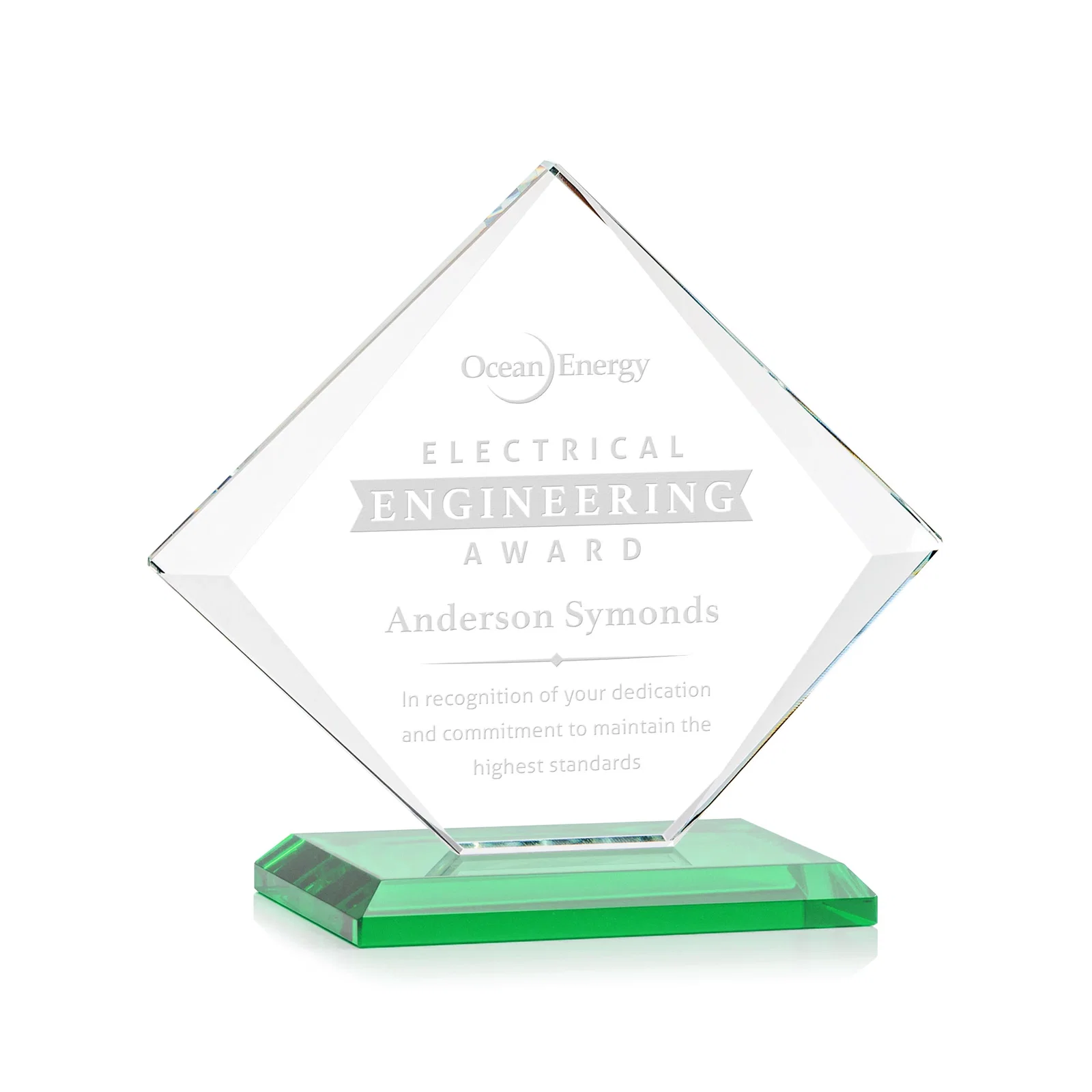 Personalized Jade Glass Diamond Award With Bevels Tapered Top and Bottom for corporate award ceremonies