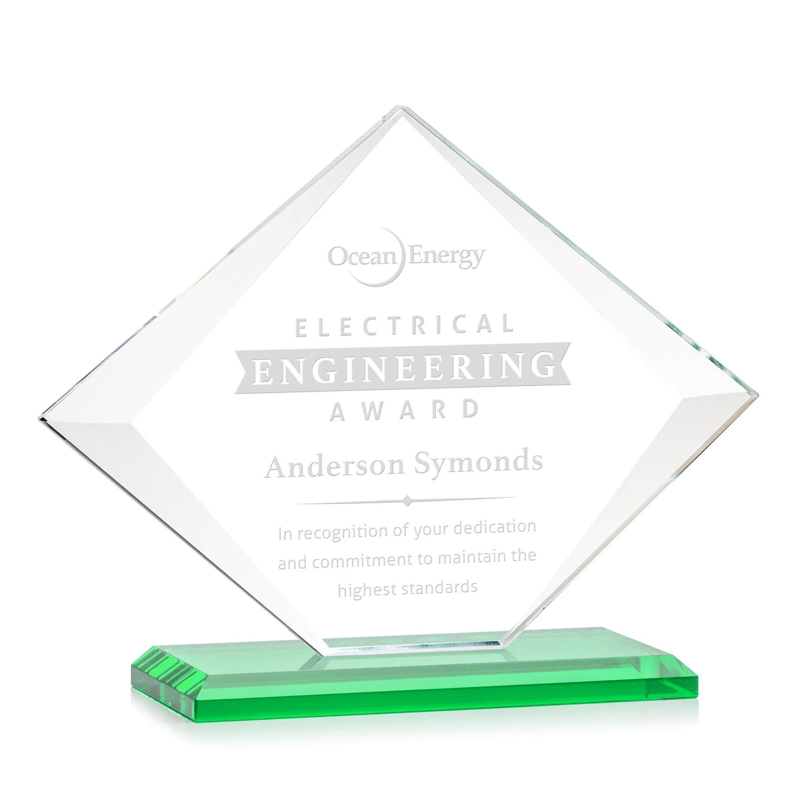 Personalized Jade Glass Diamond Award With Bevels Tapered Top and Bottom for retirement presentations