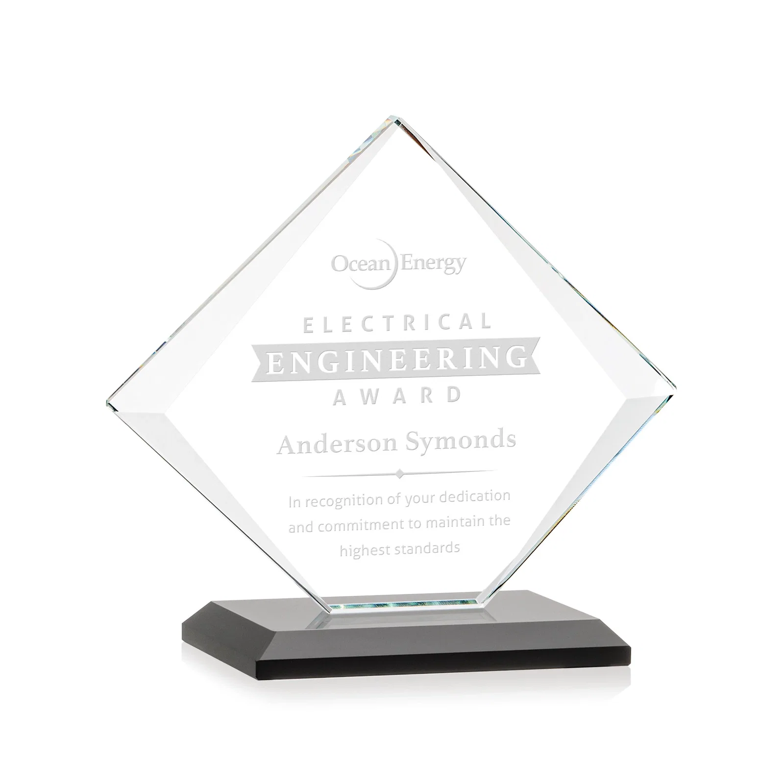 Personalized Jade Glass Diamond Award With Bevels Tapered Top and Bottom for donor appreciation