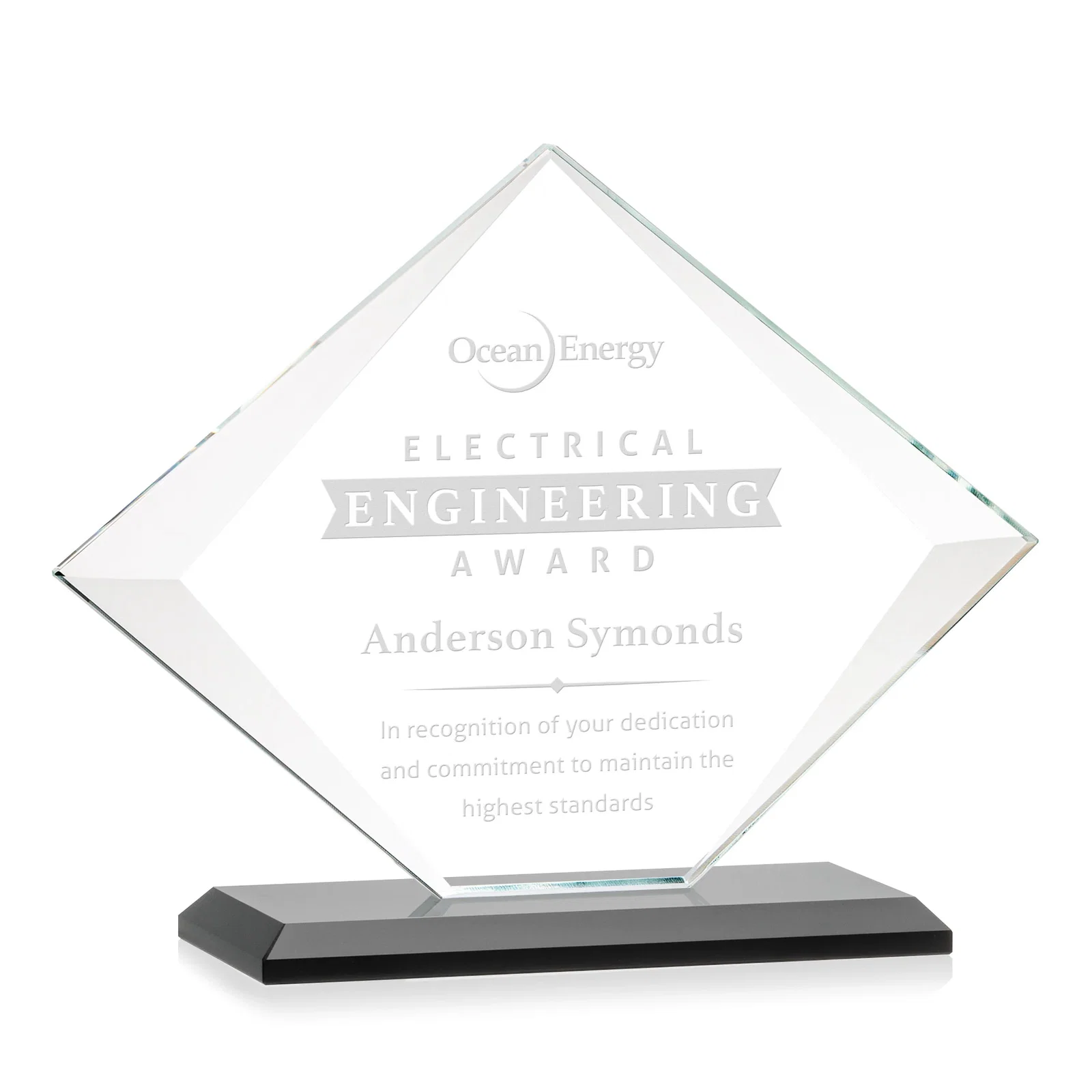 Personalized Jade Glass Diamond Award With Bevels Tapered Top and Bottom for volunteer appreciation
