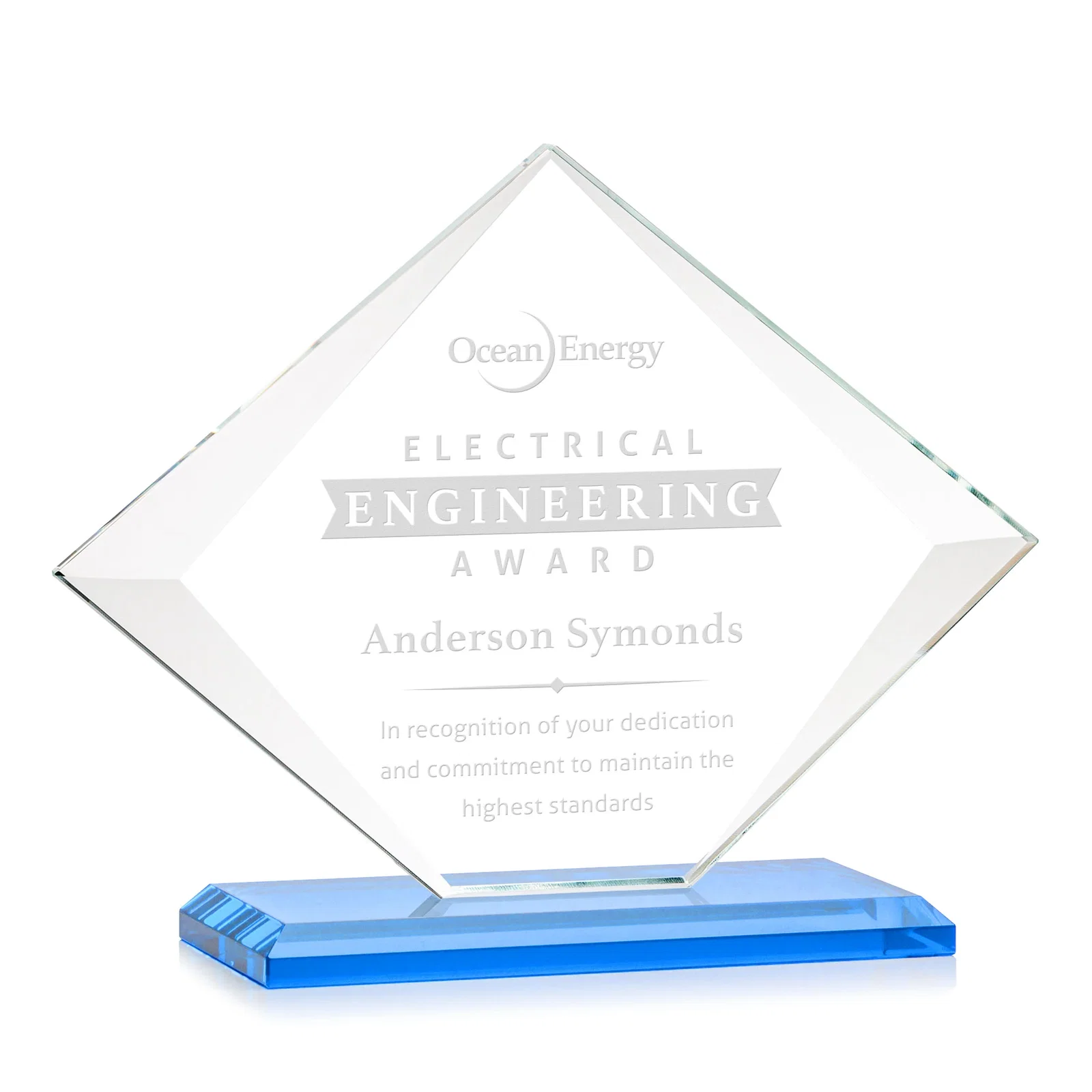 Branded Jade Glass Diamond Award With Bevels Tapered Top and Bottom for team milestone celebrations