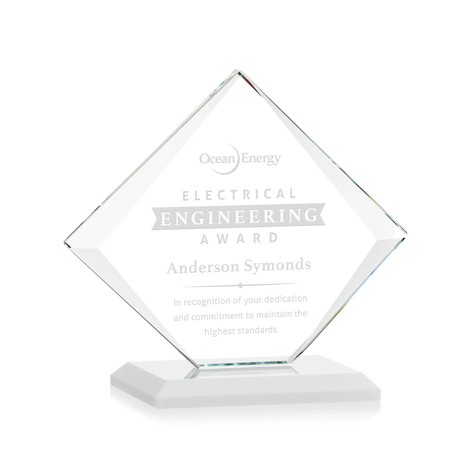 Branded Jade Glass Diamond Award With Bevels Tapered Top and Bottom for graduation ceremonies