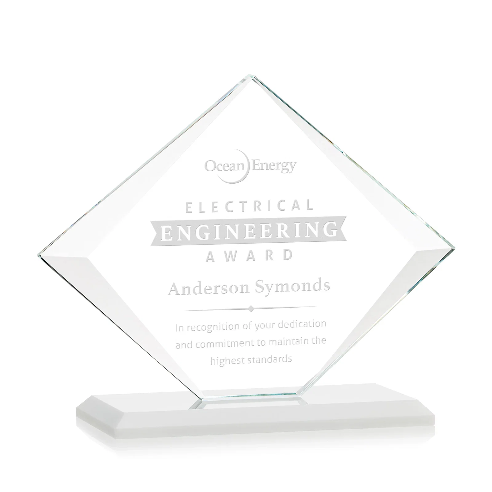Branded Jade Glass Diamond Award With Bevels Tapered Top and Bottom for volunteer appreciation