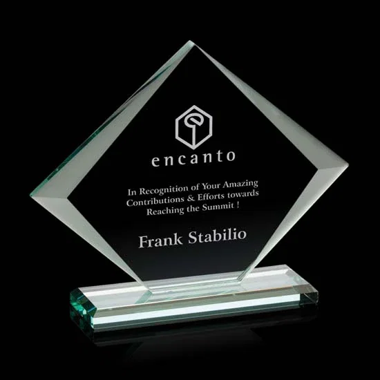 Custom Jade Glass Diamond Award With Bevels Tapered Top and Bottom for corporate award ceremonies