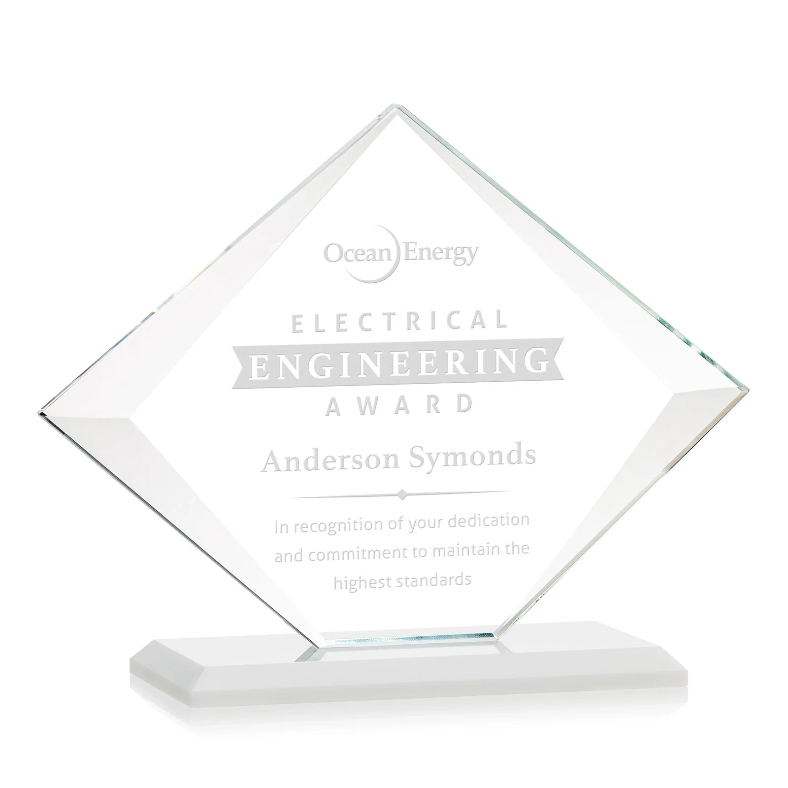 Branded Jade Glass Diamond Award With Bevels Tapered Top and Bottom for dealer and partner awards