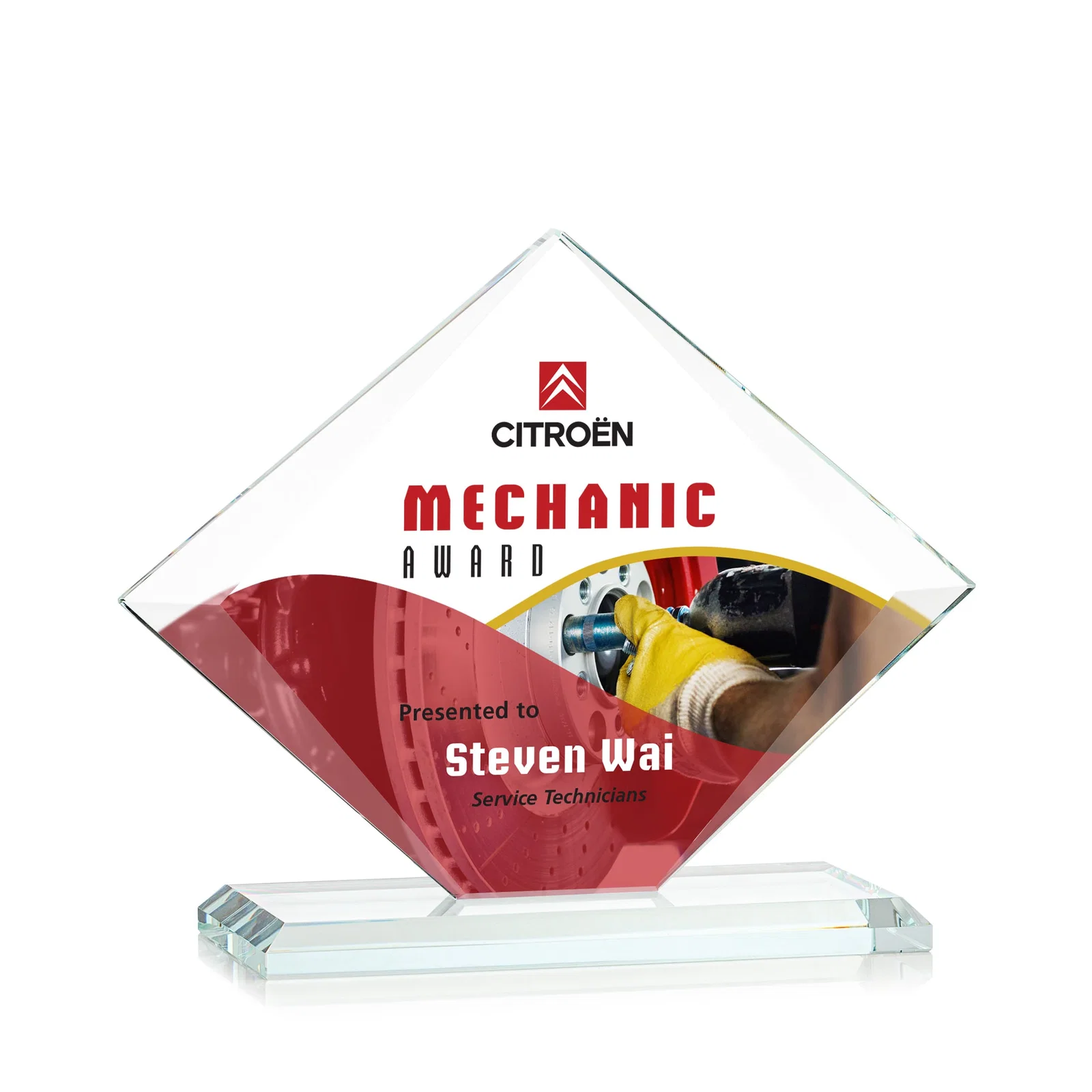 Custom printed Jade Glass Diamond Award With Bevels Tapered Top and Bottom for service anniversary gifts