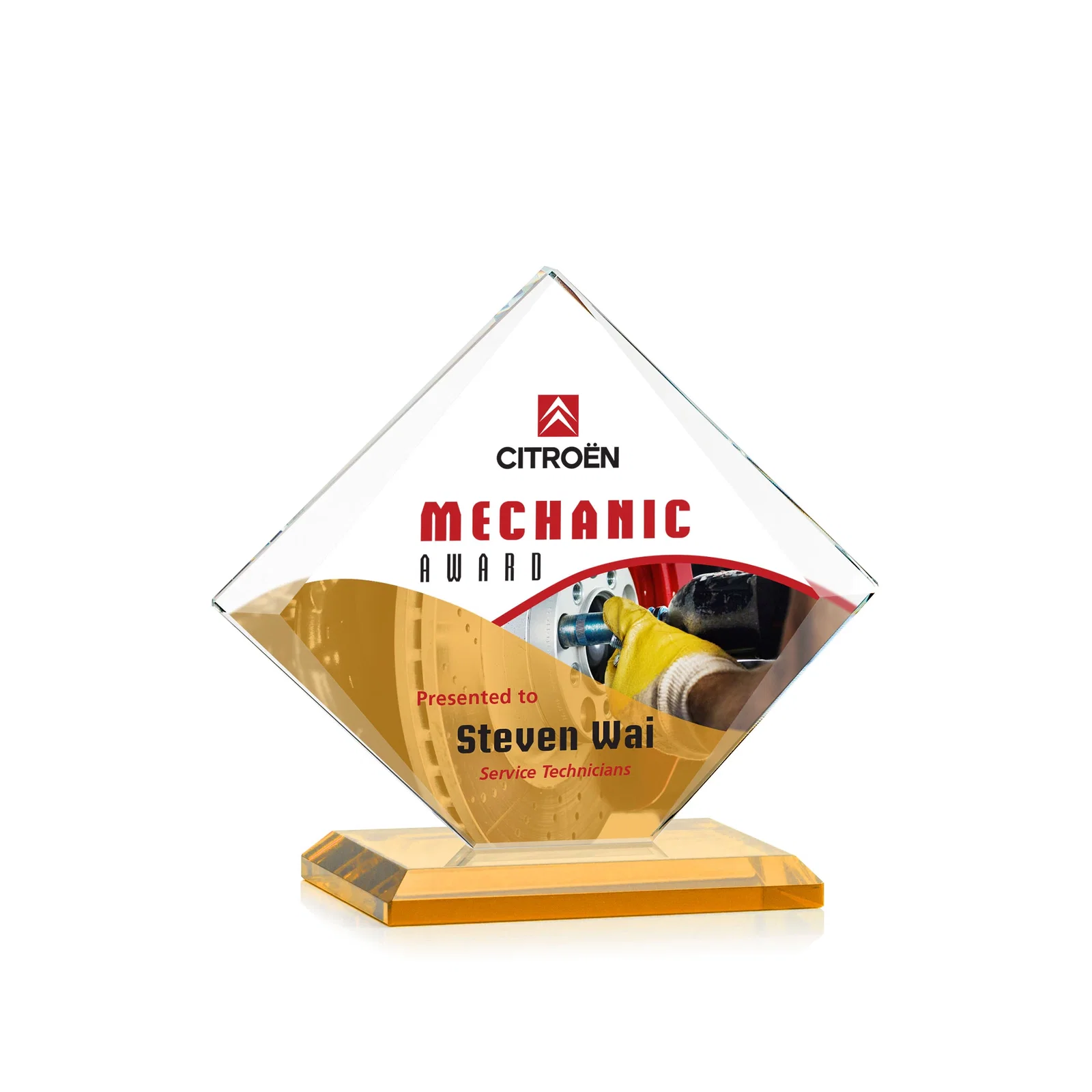 Custom printed Jade Glass Diamond Award With Bevels Tapered Top and Bottom for team milestone celebrations