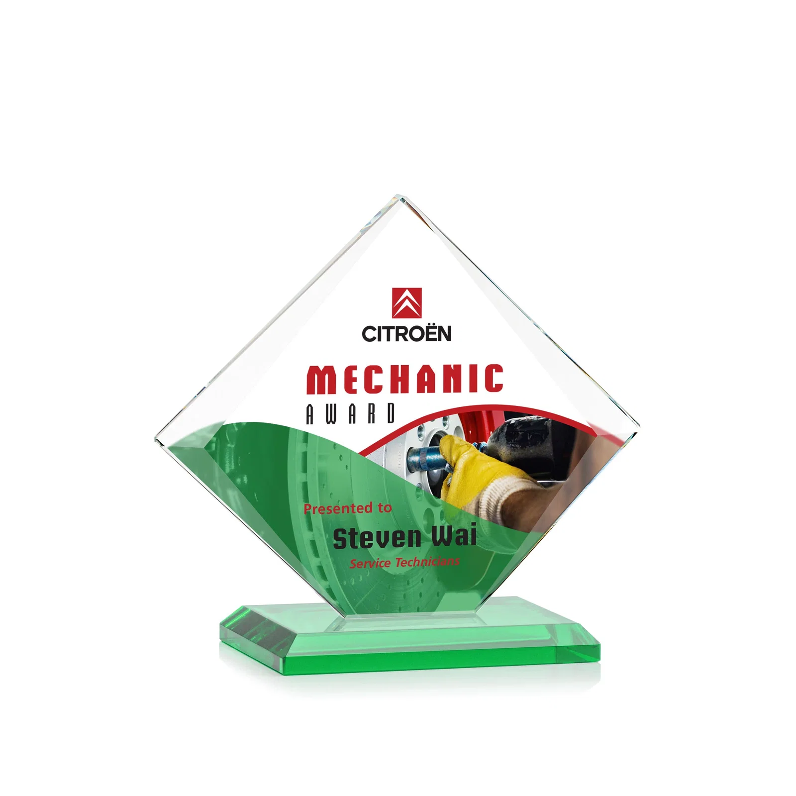 Custom printed Jade Glass Diamond Award With Bevels Tapered Top and Bottom for dealer and partner awards
