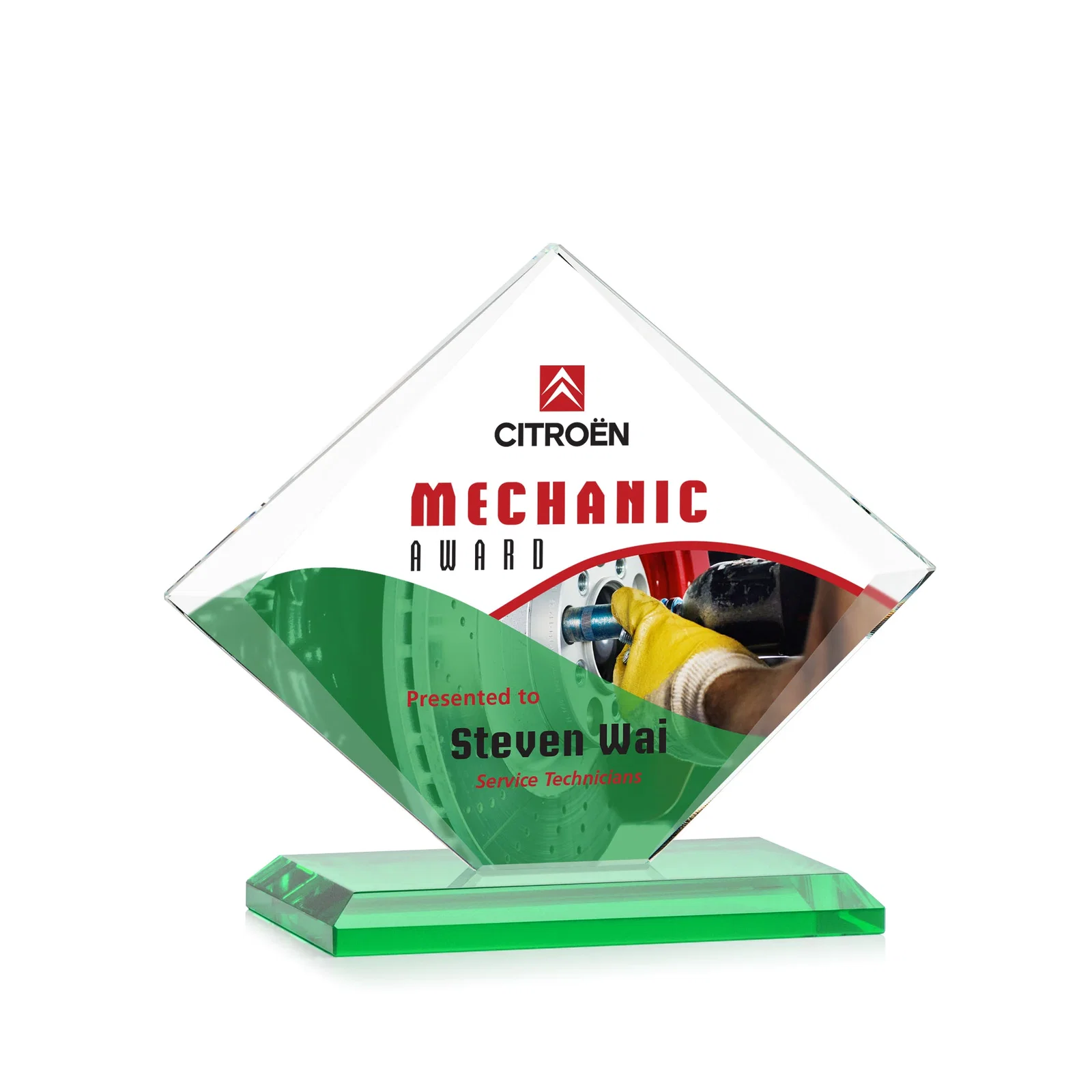 Custom printed Jade Glass Diamond Award With Bevels Tapered Top and Bottom for company anniversary events