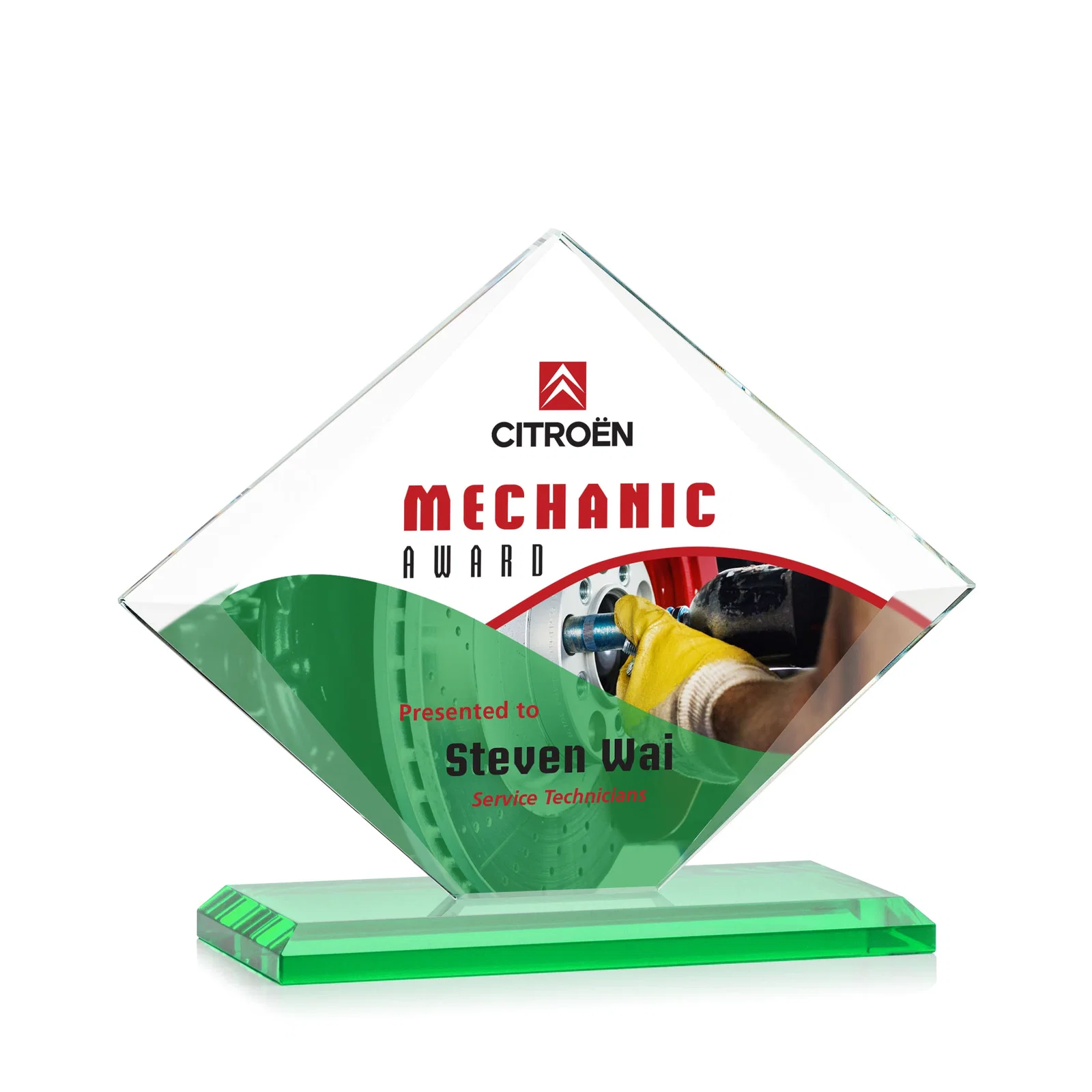 Customized Jade Glass Diamond Award With Bevels Tapered Top and Bottom for employee recognition