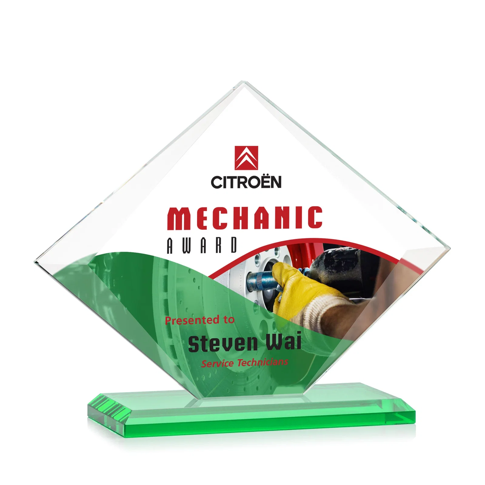 Customized Jade Glass Diamond Award With Bevels Tapered Top and Bottom for corporate award ceremonies