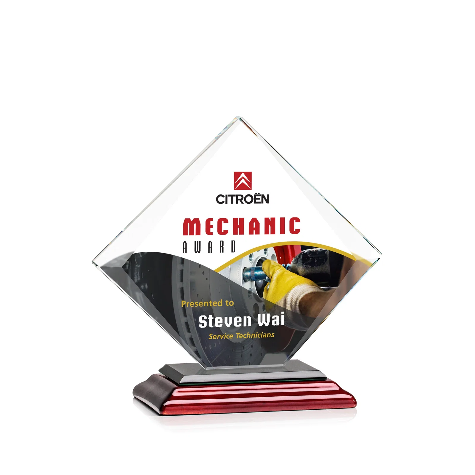 Custom engraved Jade Glass Diamond Award With Bevels Tapered Top and Bottom for corporate award ceremonies