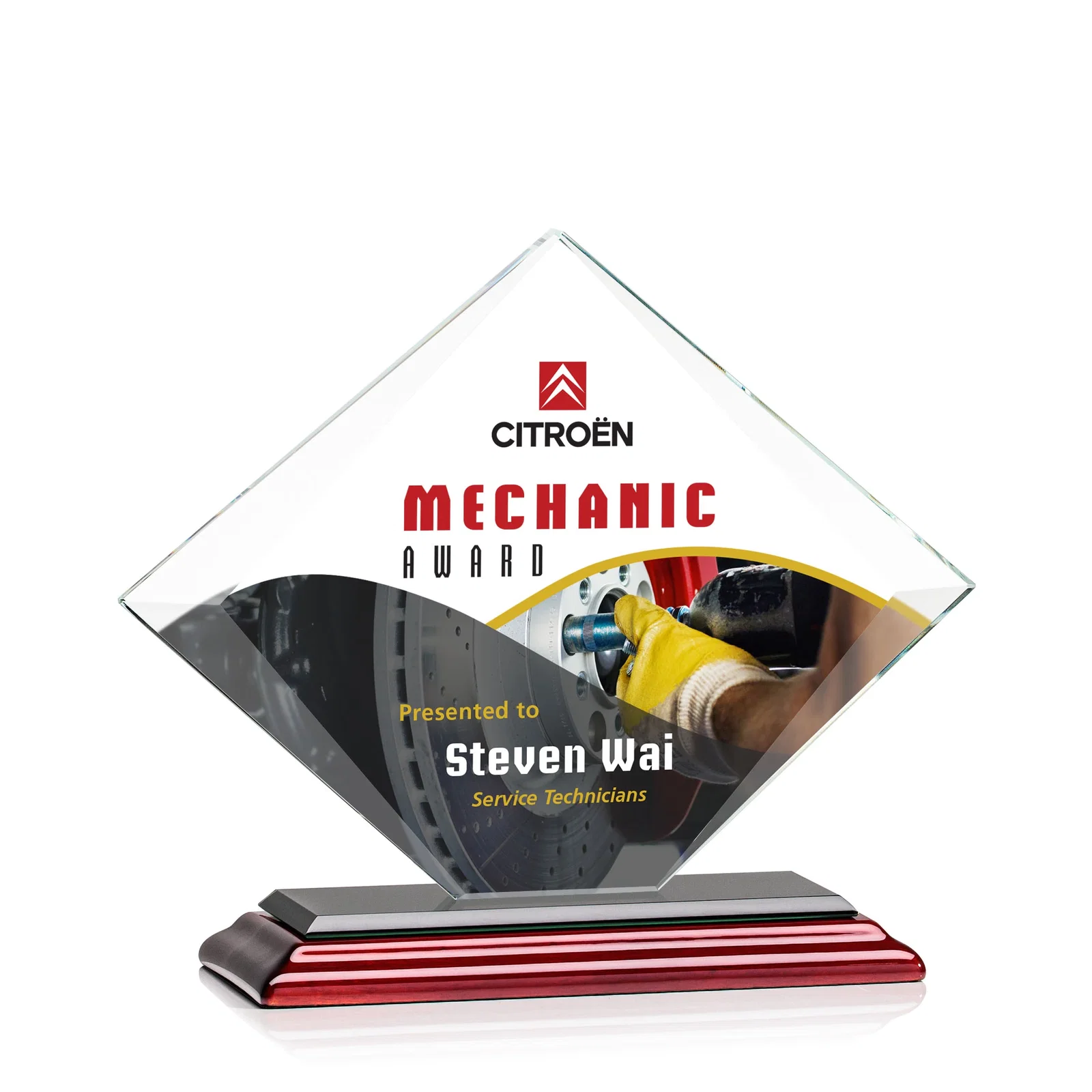Custom engraved Jade Glass Diamond Award With Bevels Tapered Top and Bottom for sales achievement awards