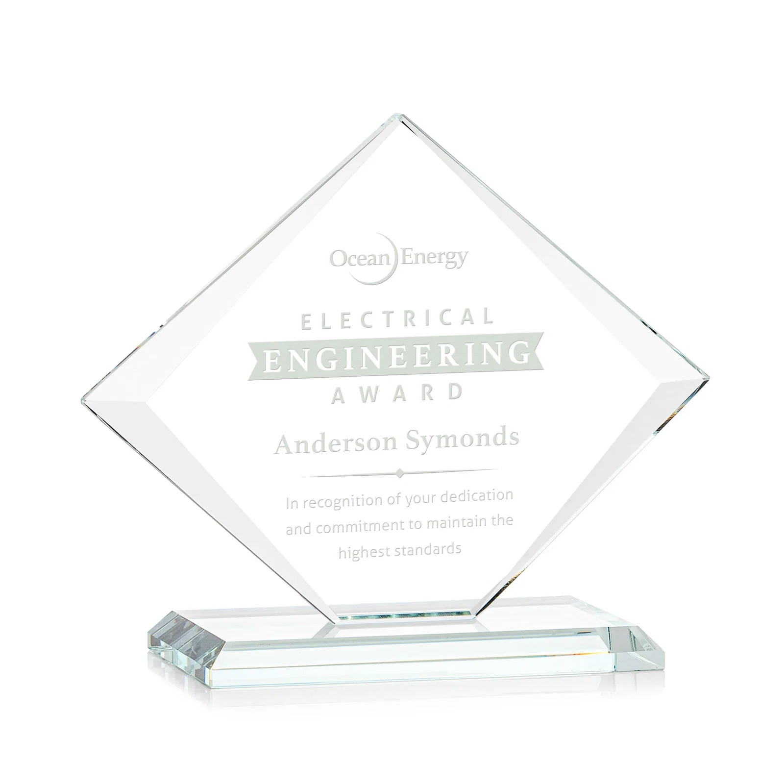 Custom Jade Glass Diamond Award With Bevels Tapered Top and Bottom for retirement presentations