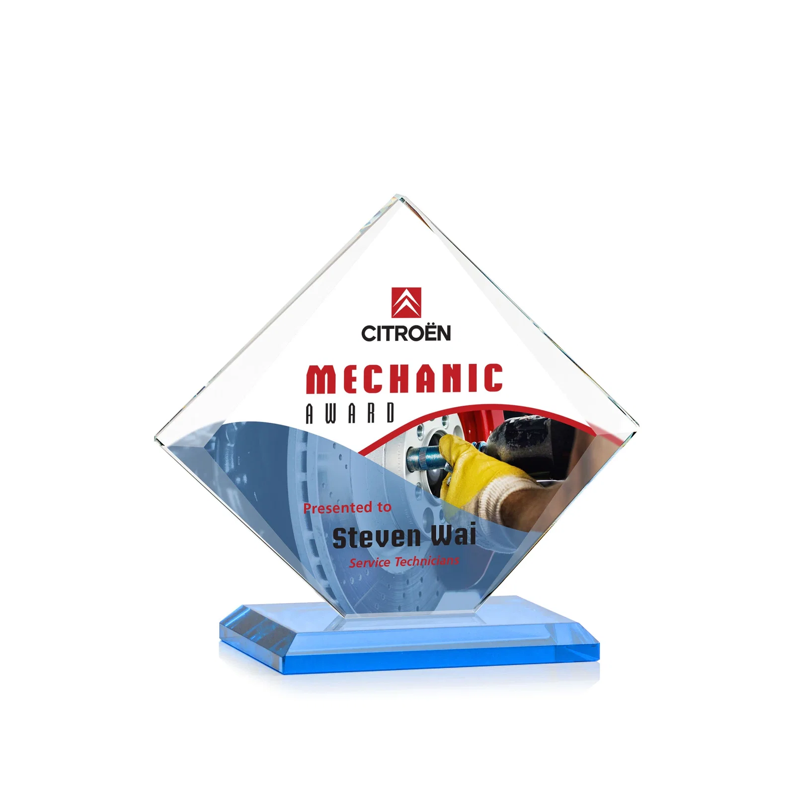 Custom engraved Jade Glass Diamond Award With Bevels Tapered Top and Bottom for company anniversary events