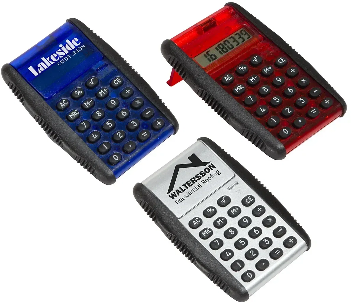 Grip & Flip Textured Calculator, custom promotional calculator front view with logo and keypad