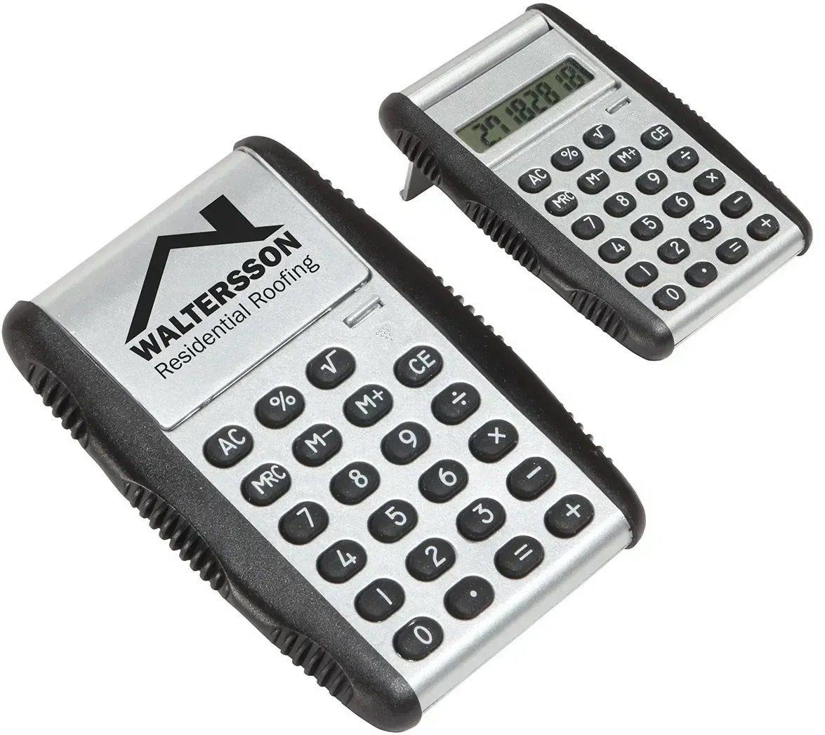 Custom Grip & Flip calculator with flip-open stand propped upright