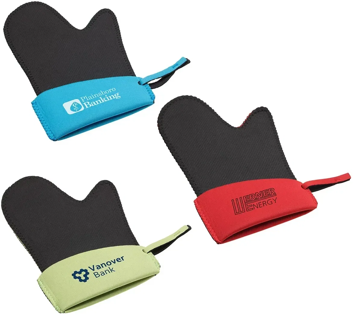 Custom Grip-It neoprene oven mitt with branded logo, front view of textured grip