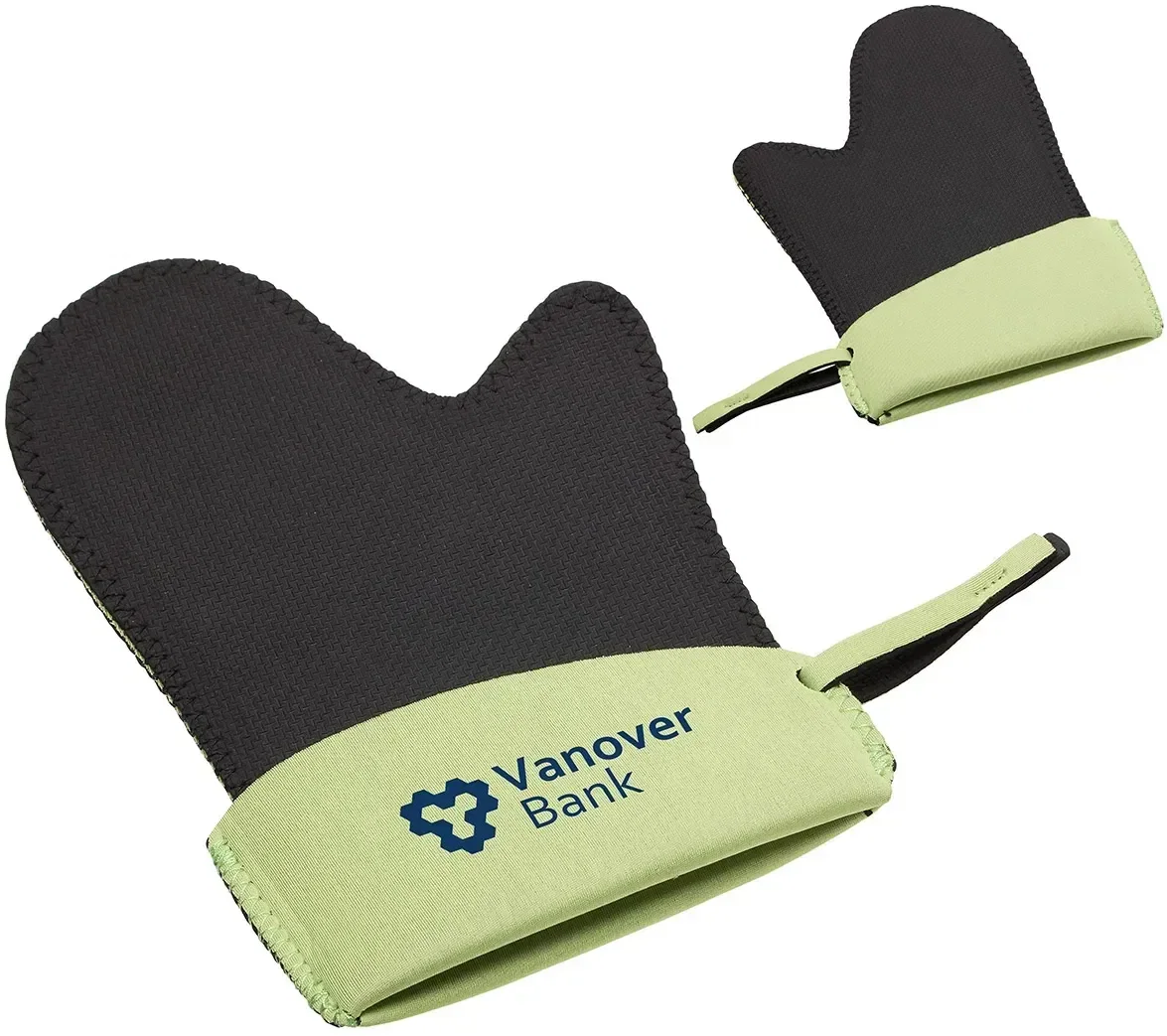 Branded Grip-It neoprene oven mitt, side profile showing textured grip surface