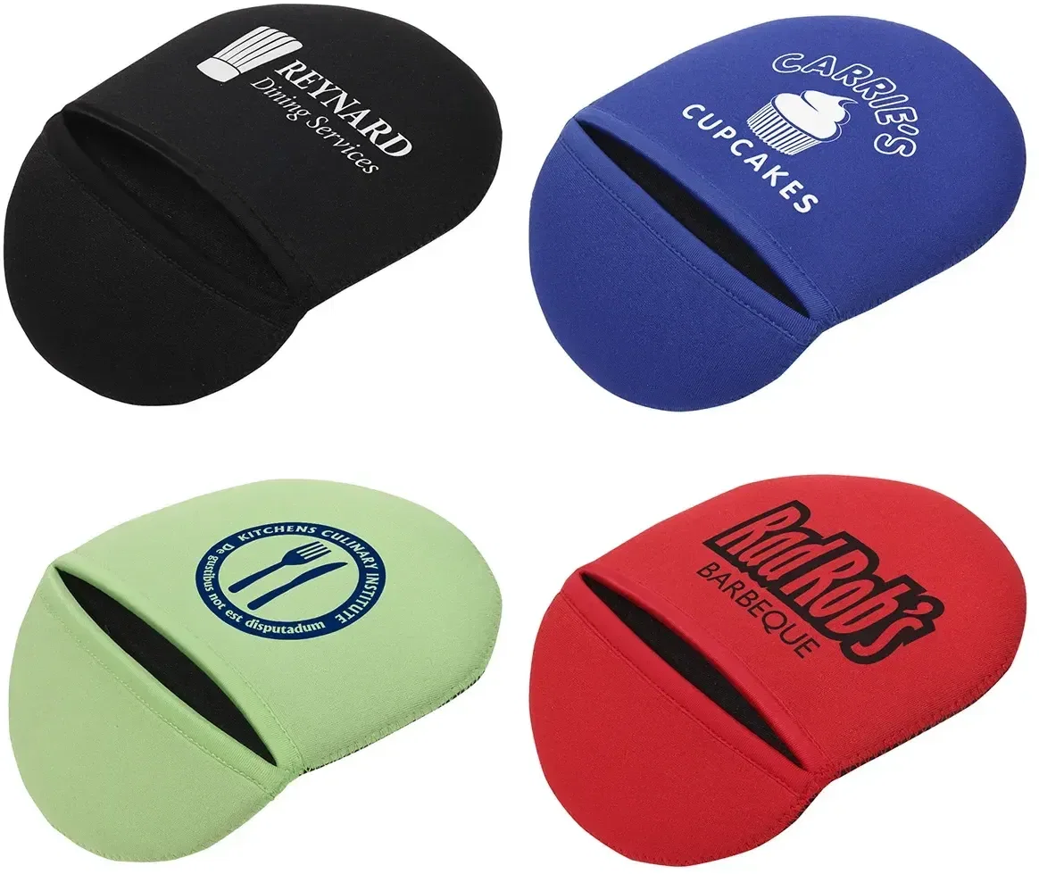 Grip-It neoprene pot holder with custom logo, padded promotional kitchen pot holder front view