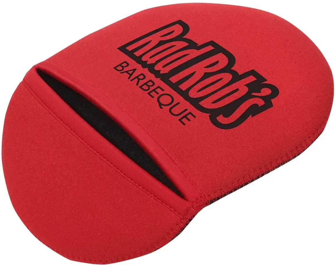 Side view of custom branded neoprene pot holder showing padded foam grip