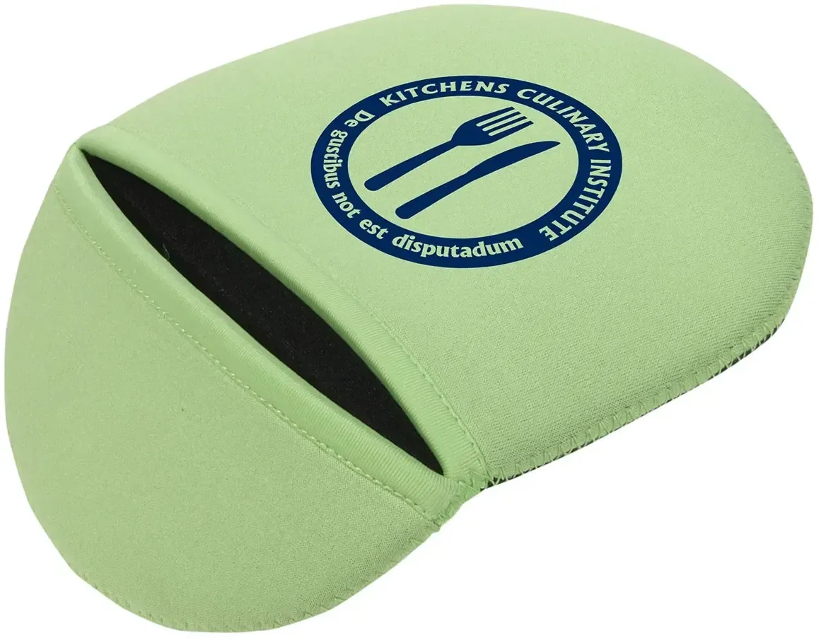 Custom branded pot holder shielding hands while carrying hot cookware