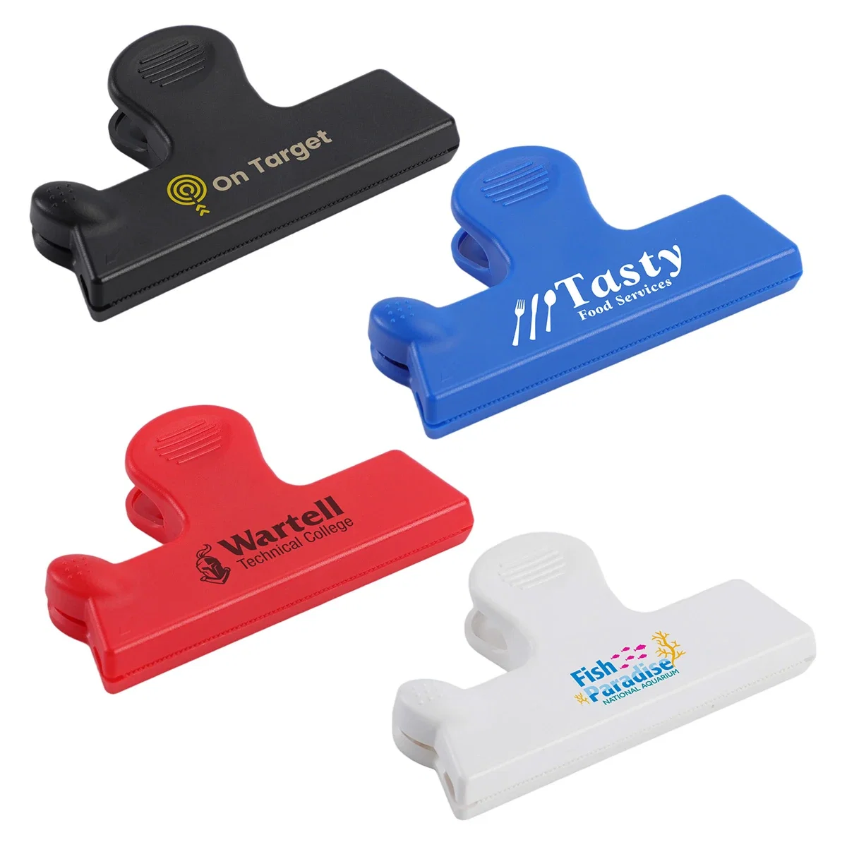 Custom Gripper Magnetic Bag Clip with Knife Opener, front view of the branded bag clip
