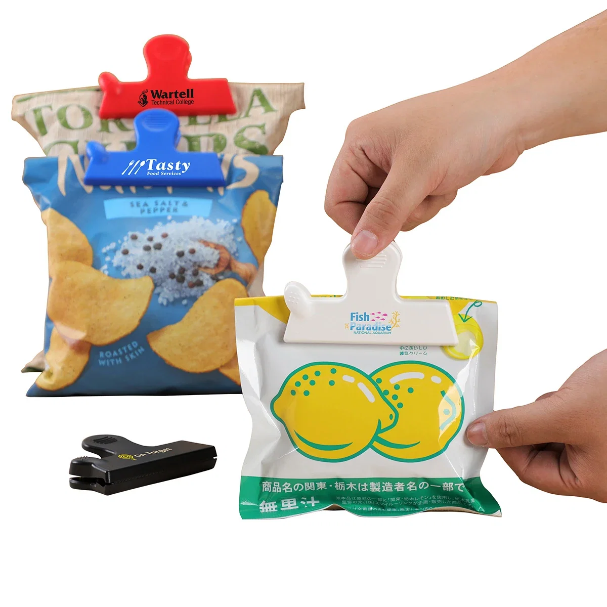 Gripper Magnetic Bag Clip holding a bag closed on a refrigerator, promotional bag clip in use