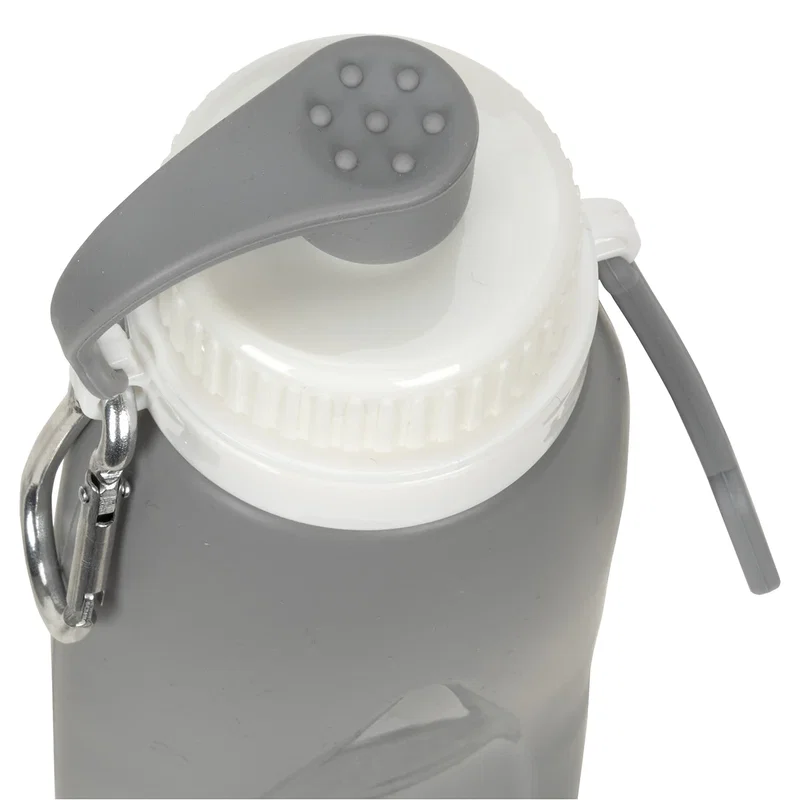 Branded Groove Collapsible Bottle clipped to a bag, lifestyle in-use shot
