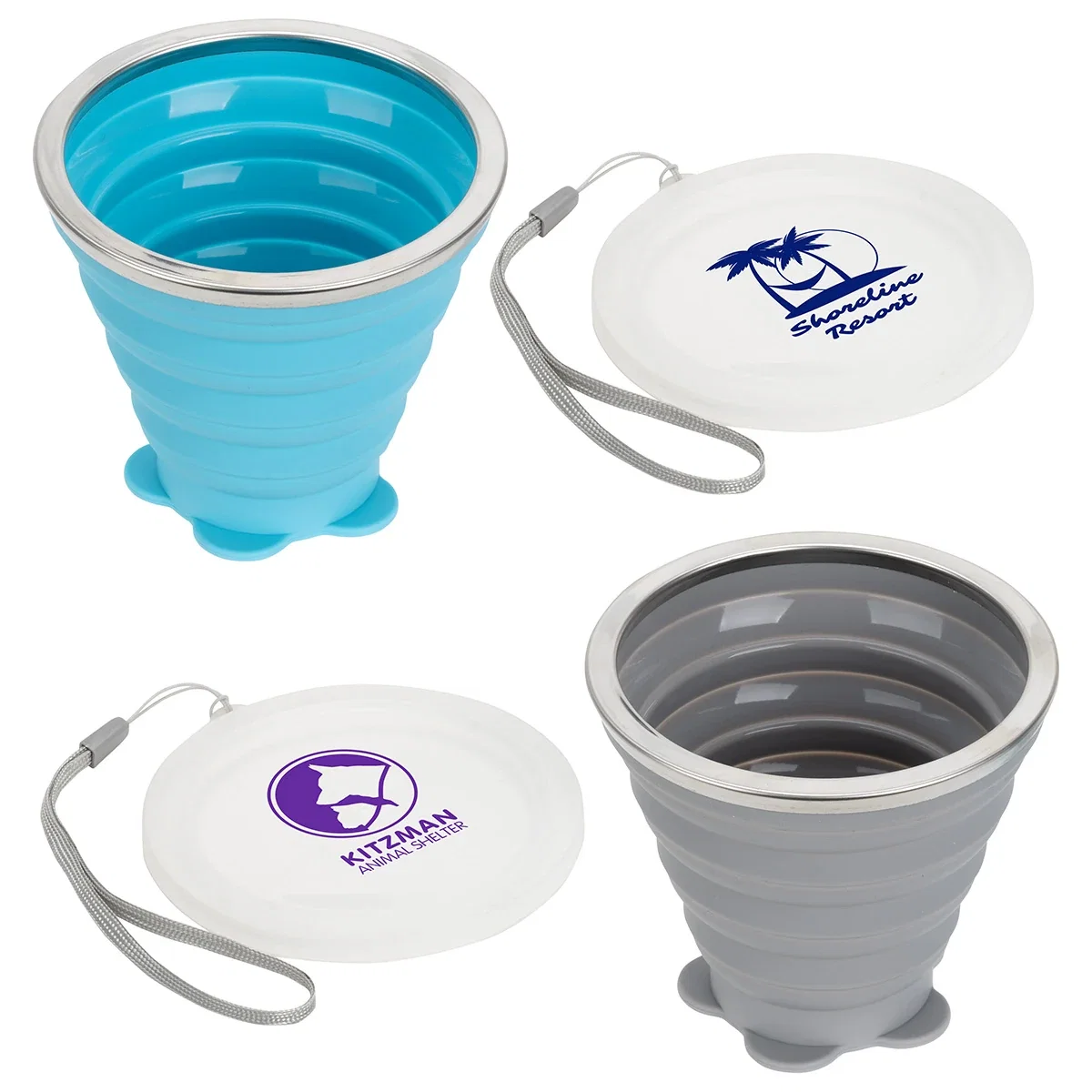 Custom Groove 9 oz Collapsible Silicone Cup, front view of the branded cup with lid