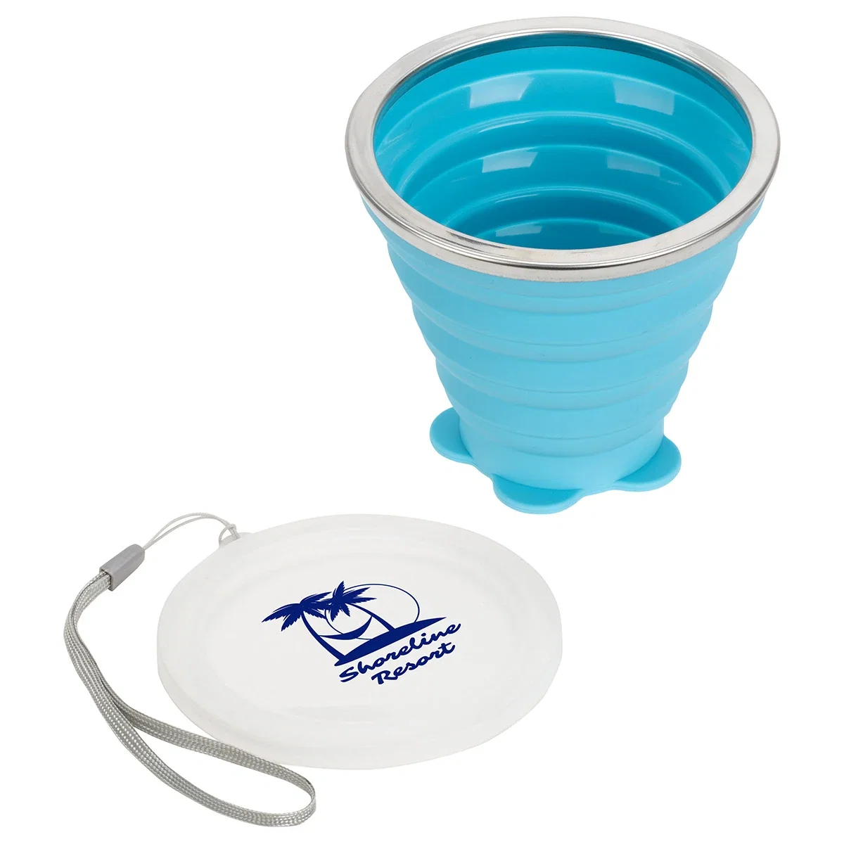 Groove Cup shown expanded and ready for use, branded silicone cup