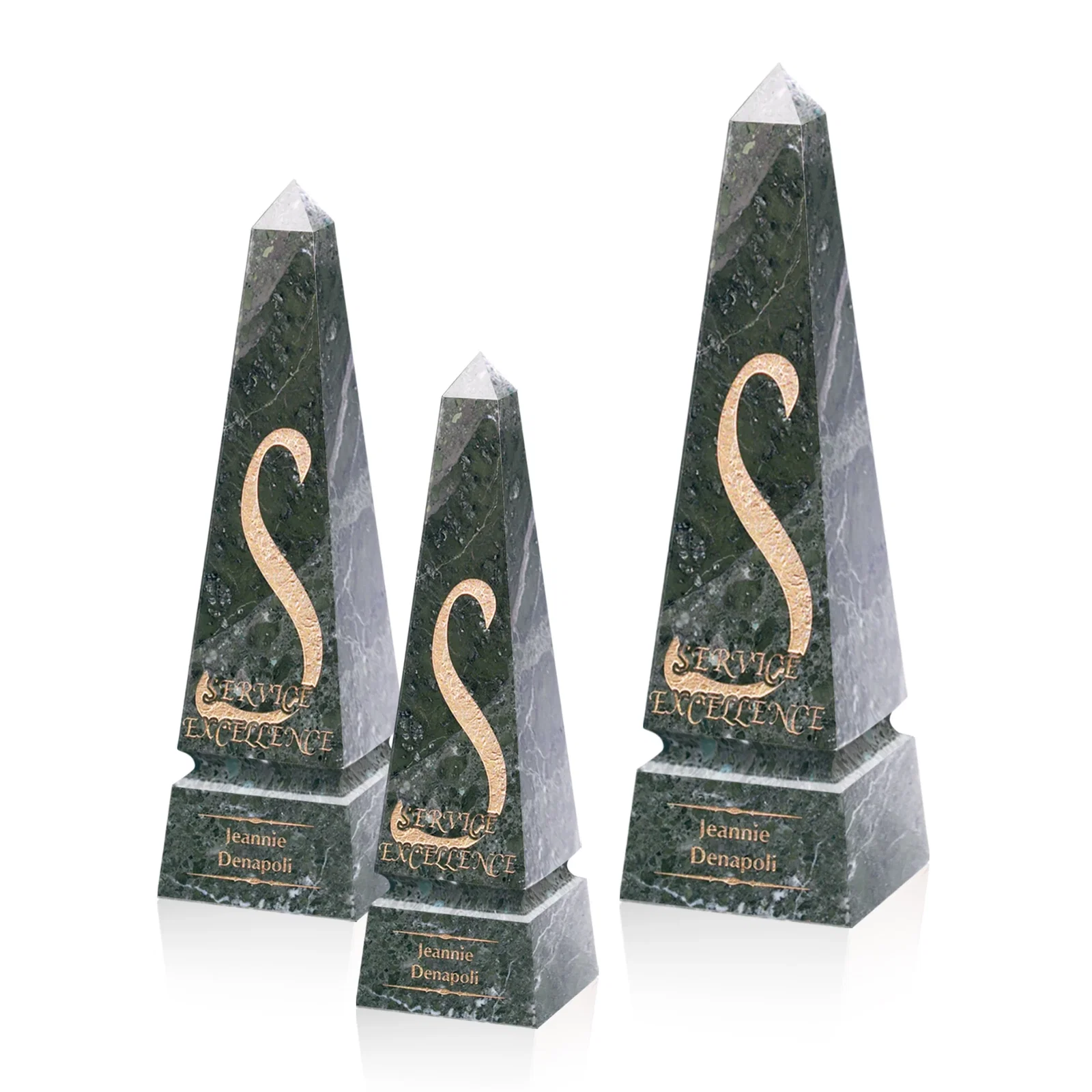Custom Green Marble Obelisk Award With a Grooved Base Band for employee recognition