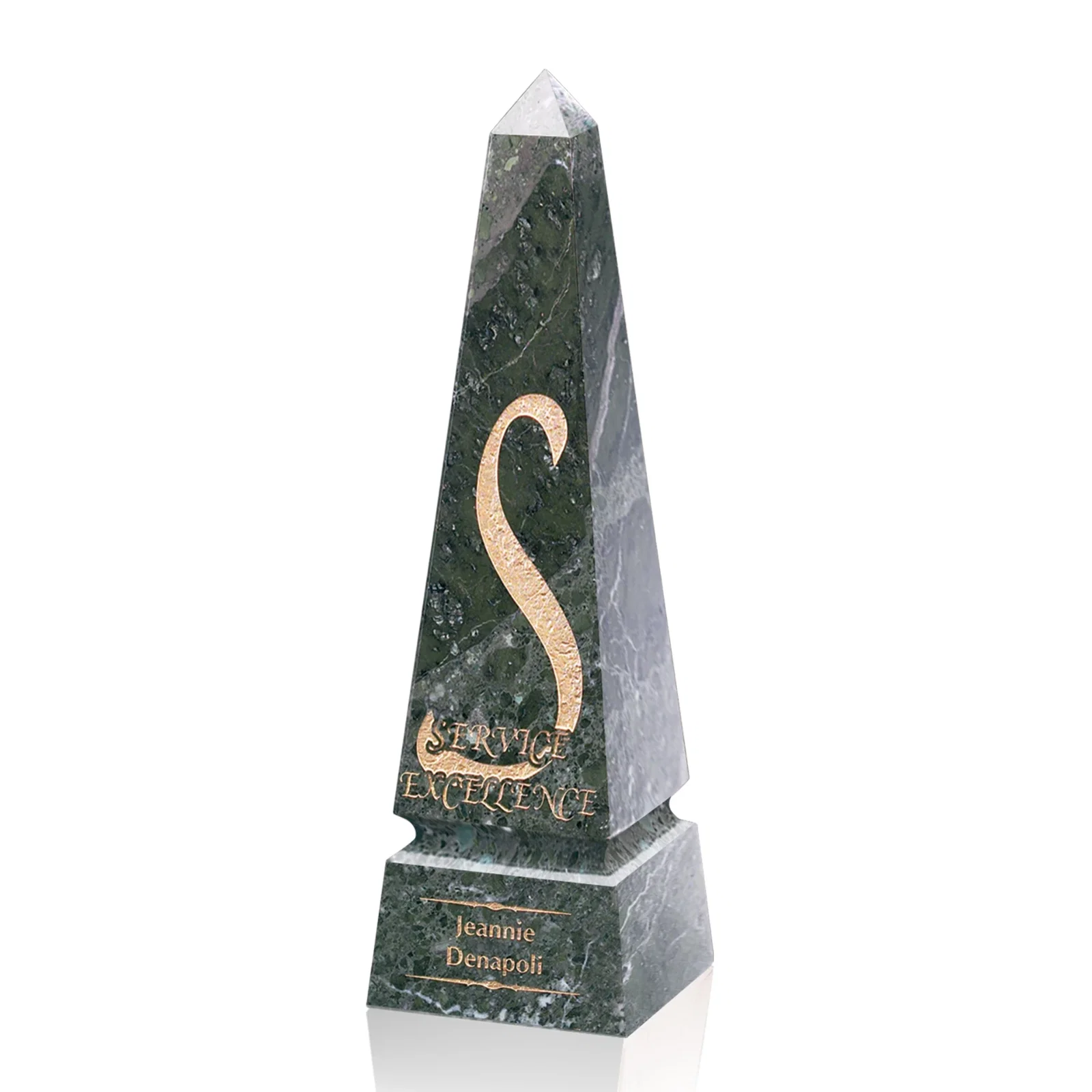Custom Green Marble Obelisk Award With a Grooved Base Band for service anniversary gifts